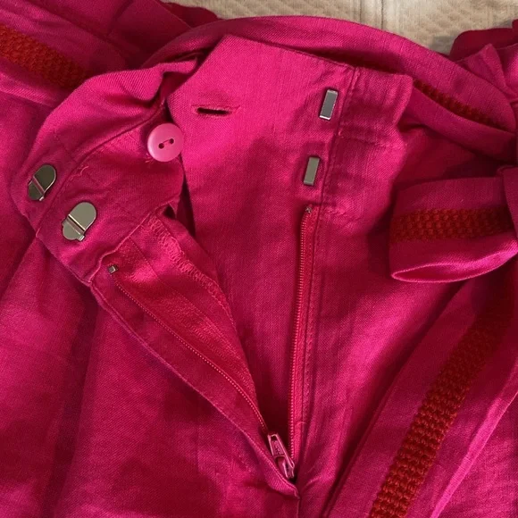 LOFT Linen Aztec High Waisted Belted Paper Bag Embroidered Shorts Pink Red White - Picture 11 of 13